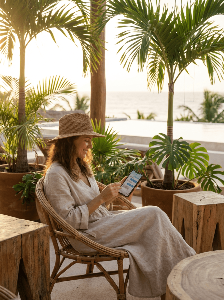 Viajera usando el chat de Kanan Desk desde la terraza de un hotel boutique en Tulum