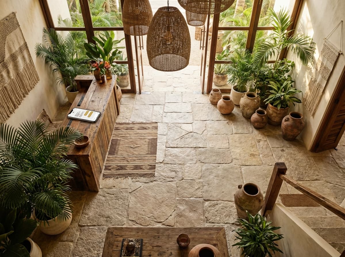 Huésped usando el chat de Kanan Desk en el lobby de un hotel